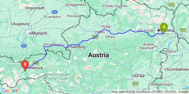 Map: Vienna Airport (VIE) to Schönberg im Stubaital