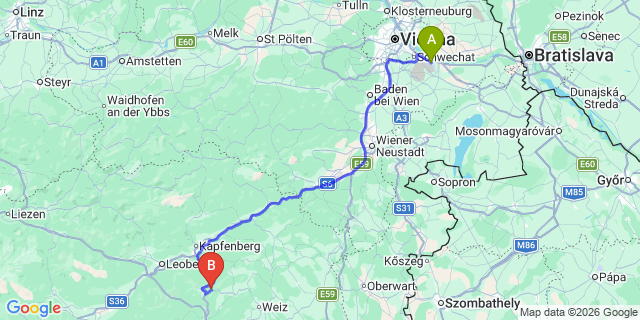 Map: Vienna Airport (VIE) to Schrems bei Frohnleiten