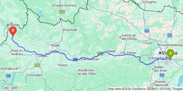 Map: Vienna Airport (VIE) to Taufkirchen an der Pram