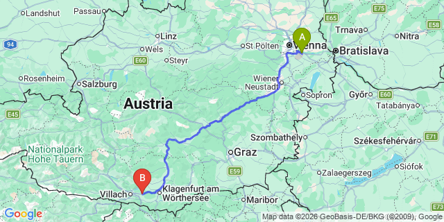 Map: Vienna Airport (VIE) to Velden am Wörther See