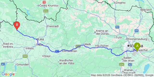 Map: Vienna Airport (VIE) to Waldkirchen am Wesen