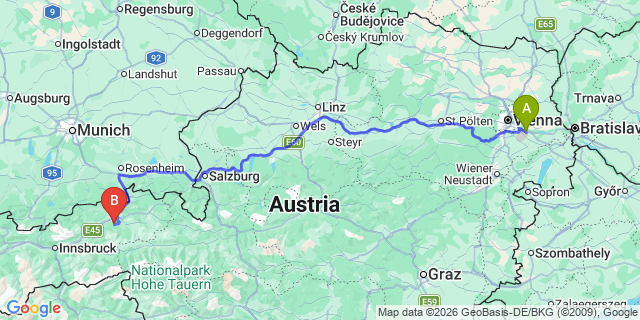 Map: Vienna Airport (VIE) to Wildschonau