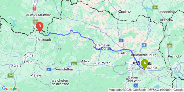 Map: Vienna Airport (VIE) to Windhaag bei Freistadt