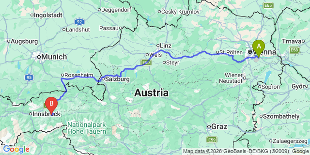 Map: Vienna Airport (VIE) to Zellberg