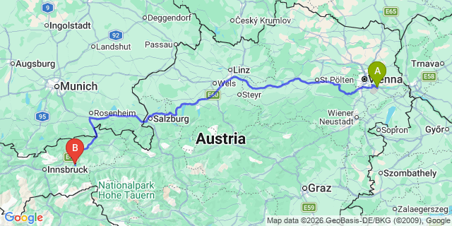 Map: Vienna Airport (VIE) to Zillertal