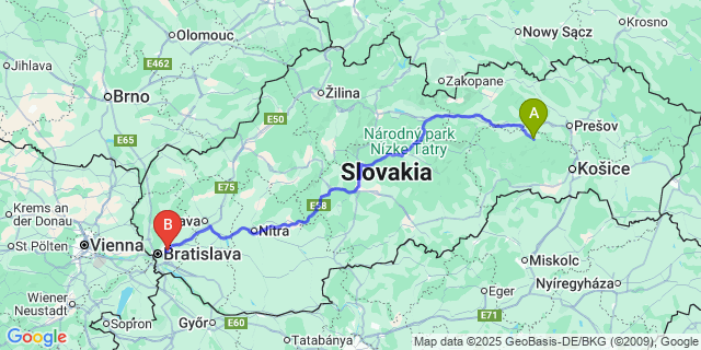 Map: Bratislava Airport (BTS) to Krompachy