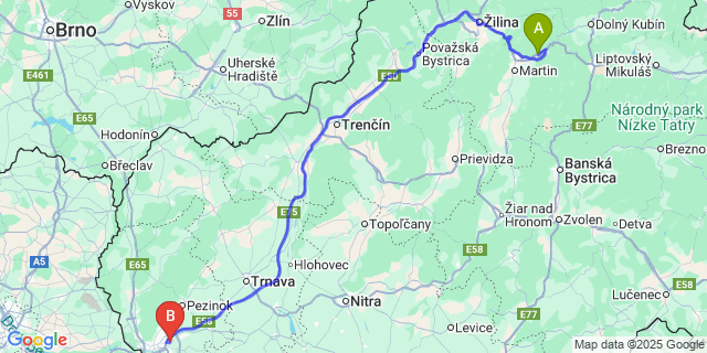 Map: Bratislava Airport (BTS) to Turany