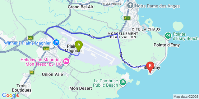 Map: Mauritius Airport (MRU) to Blue Bay Beach Resort, Mauritius