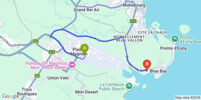 Map: Mauritius Airport (MRU) to Blue Paradise Apartments, Mauritius