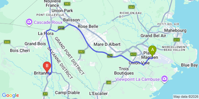 Map: Mauritius Airport (MRU) to Britannia Hotel, Mauritius