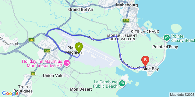 Map: Mauritius Airport (MRU) to Iris Cottages, Mauritius