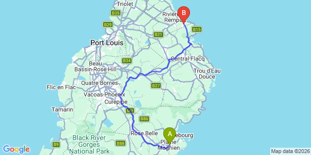 Map: Mauritius Airport (MRU) to Les Roches Noires, Mauritius