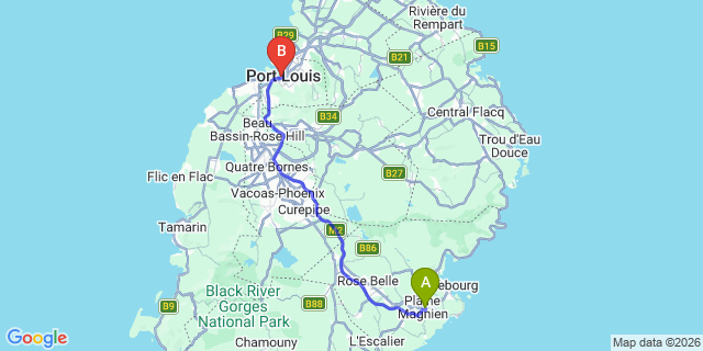 Map: Mauritius Airport (MRU) to The Waterfront, Mauritius