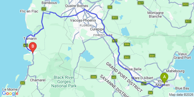 Map: Mauritius Airport (MRU) to Vanilla Beach Apartments, Mauritius
