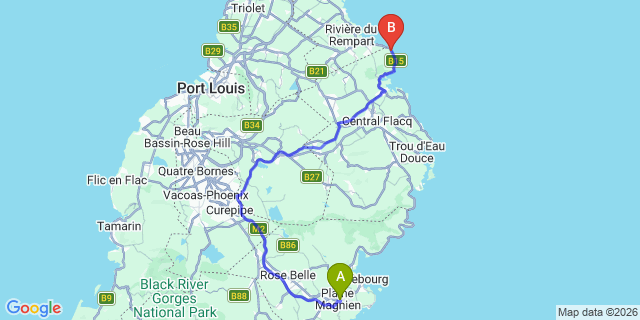 Map: Mauritius Airport (MRU) to Villas de Luxe, Mauritius
