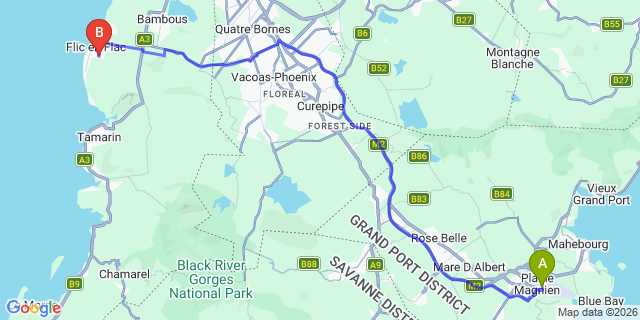 Map: Mauritius Airport (MRU) to Villas Jasmin, Mauritius