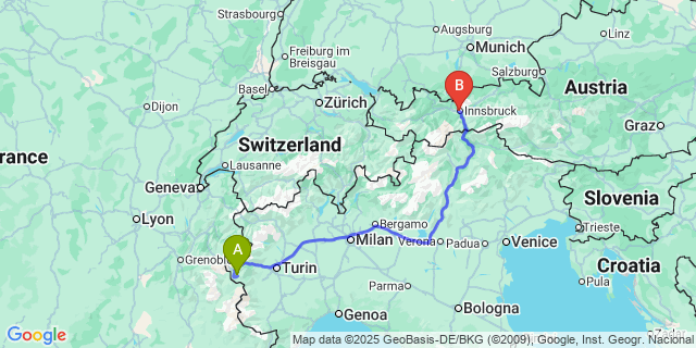 Map: Innsbruck Airport (INN) to Sestriere