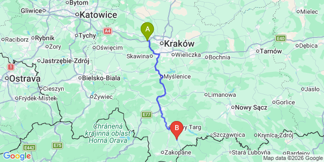 Map: Krakow Airport (KRK) to Bialka Tatrzańska