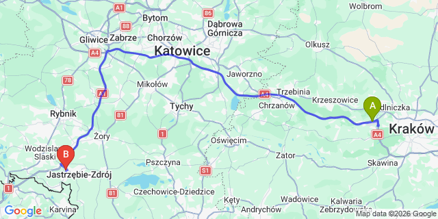 Map: Krakow Airport (KRK) to Boża Góra