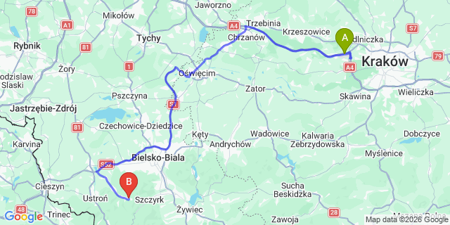Map: Krakow Airport (KRK) to Brenna