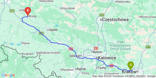 Map: Krakow Airport (KRK) to Brzeg
