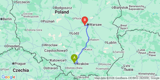Map: Krakow Airport (KRK) to Busko-Zdrój