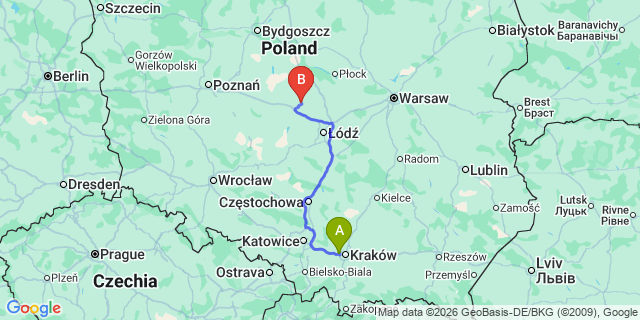 Map: Krakow Airport (KRK) to Chorzow