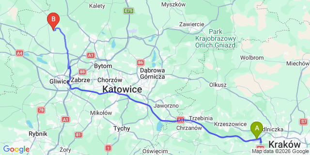 Map: Krakow Airport (KRK) to Cieszyn