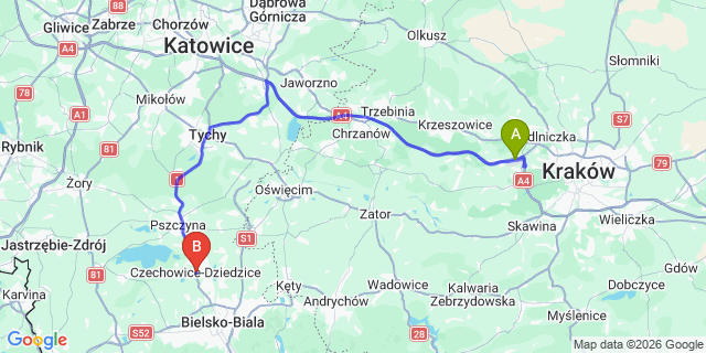 Map: Krakow Airport (KRK) to Czechowice-Dziedzice