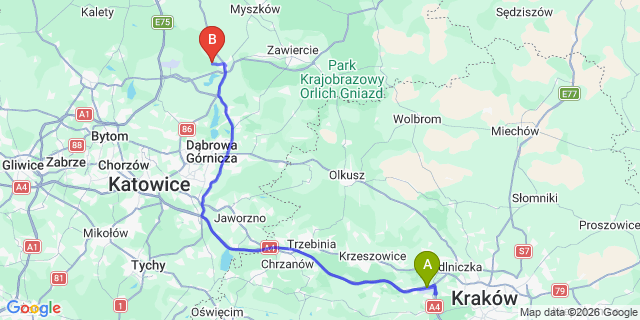 Map: Krakow Airport (KRK) to Dabrowa Gornicza