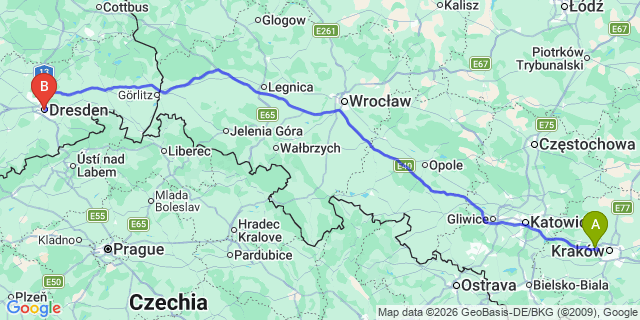 Map: Krakow Airport (KRK) to Dresden city (all areas)