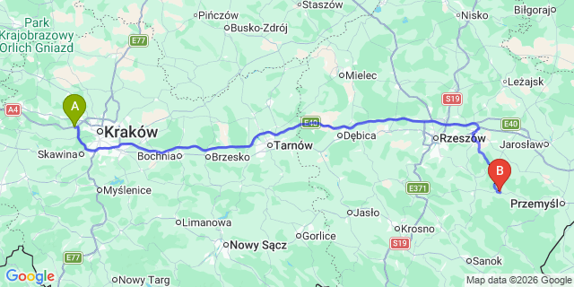 Map: Krakow Airport (KRK) to Dubiecko