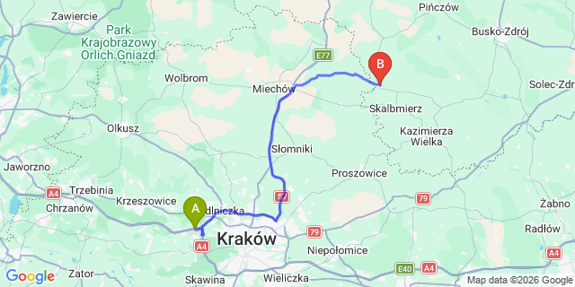 Map: Krakow Airport (KRK) to Działoszyce