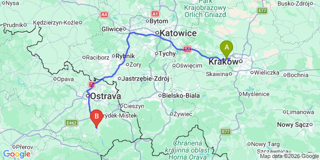 Map: Krakow Airport (KRK) to Frýdlant nad Ostravicí