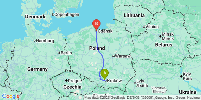 Map: Krakow Airport (KRK) to Gdańsk city centre