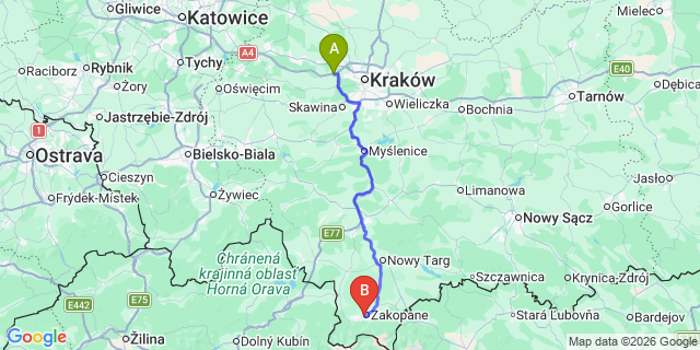 Map: Krakow Airport (KRK) to Gladkie