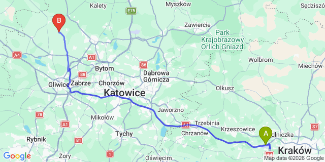 Map: Krakow Airport (KRK) to Gliwice