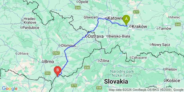 Map: Krakow Airport (KRK) to Holíč