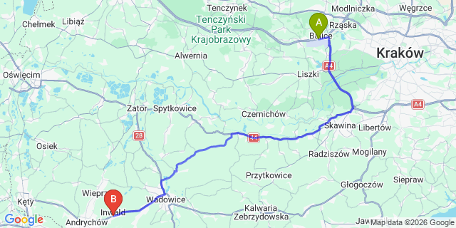 Map: Krakow Airport (KRK) to Inwałd