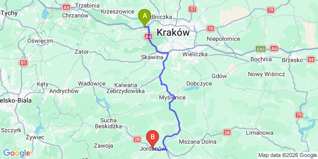 Map: Krakow Airport (KRK) to Jordanów