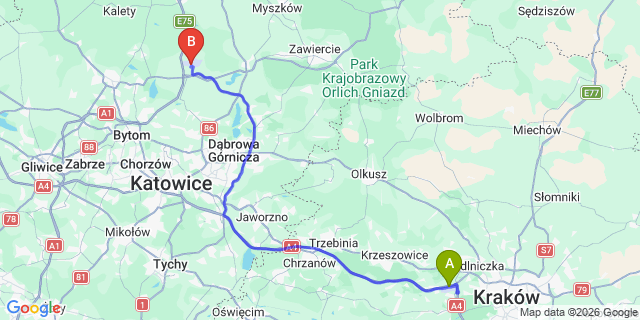 Map: Krakow Airport (KRK) to cancelKatowice Airport