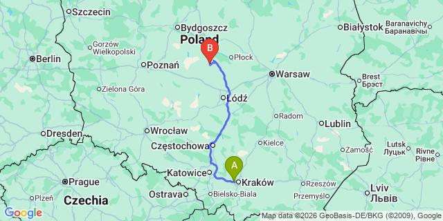 Map: Krakow Airport (KRK) to Katowice