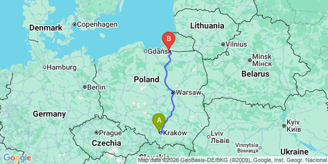 Map: Krakow Airport (KRK) to Kielce