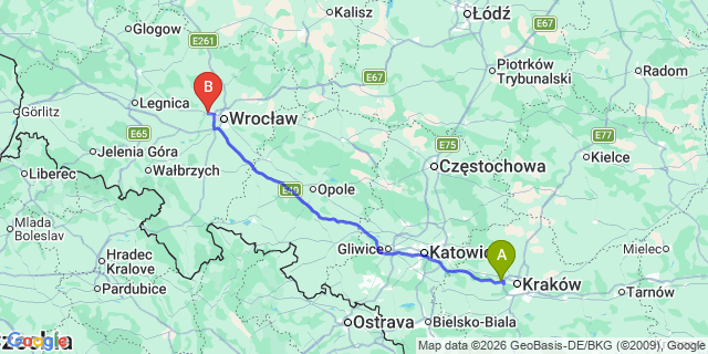 Map: Krakow Airport (KRK) to Kira Leśnicka