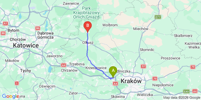 Map: Krakow Airport (KRK) to Klucze