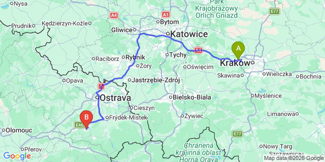 Map: Krakow Airport (KRK) to Kopřivnice