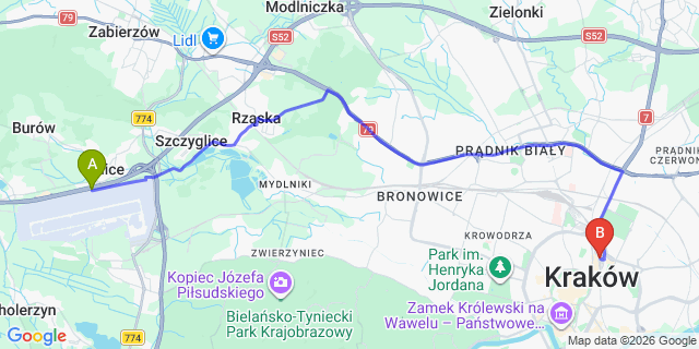 Map: Krakow Airport (KRK) to Krakow train station