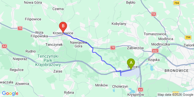 Map: Krakow Airport (KRK) to Krzeszowice