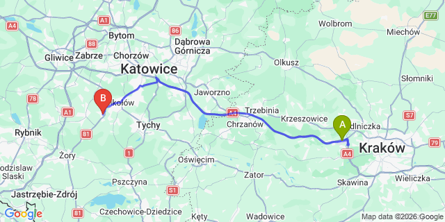 Map: Krakow Airport (KRK) to Laziska Gorne