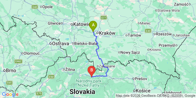 Map: Krakow Airport (KRK) to Liptovski Hradok